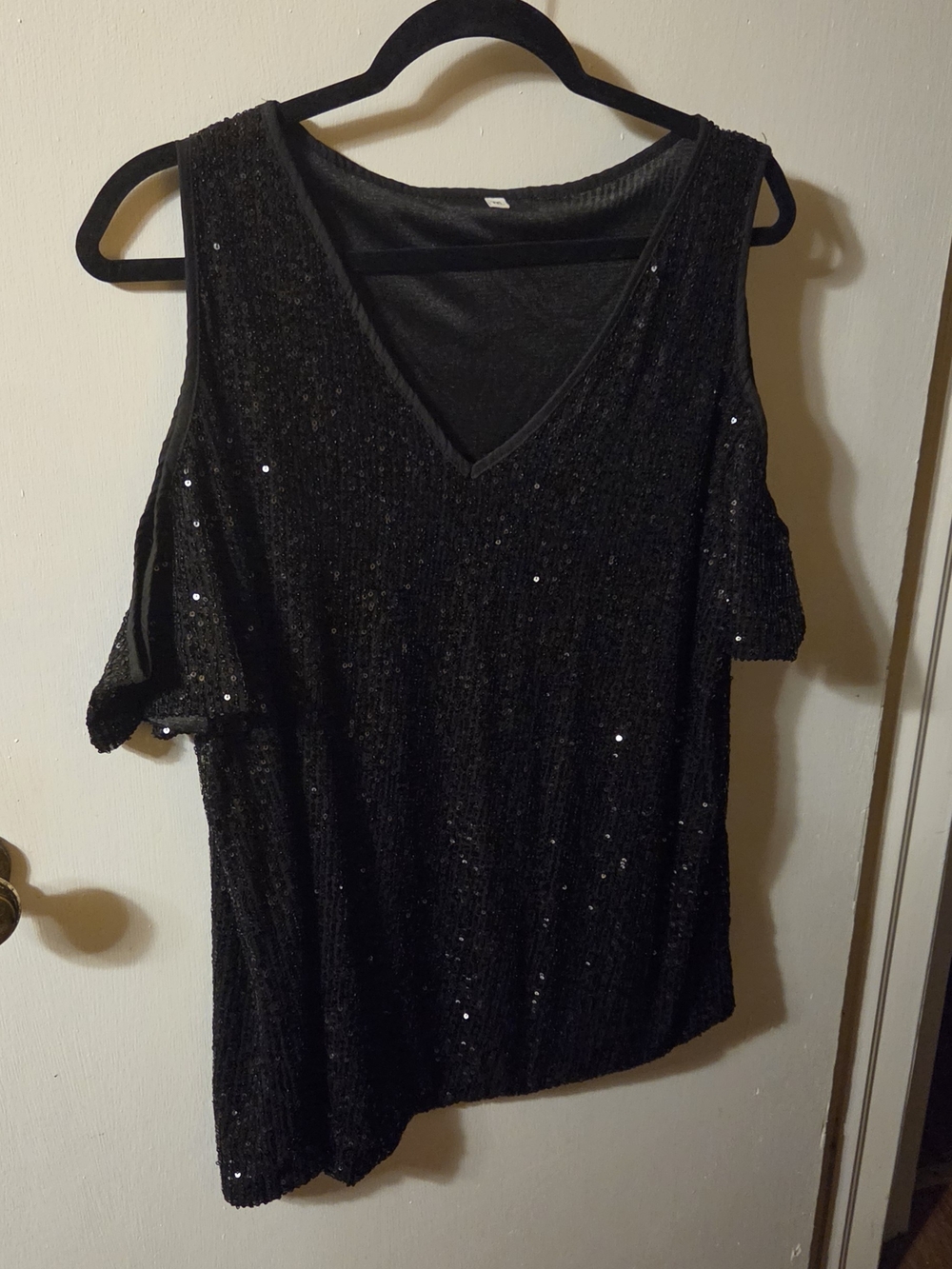 Black Sequin Cold-Shoulder V-Neck Women's Top